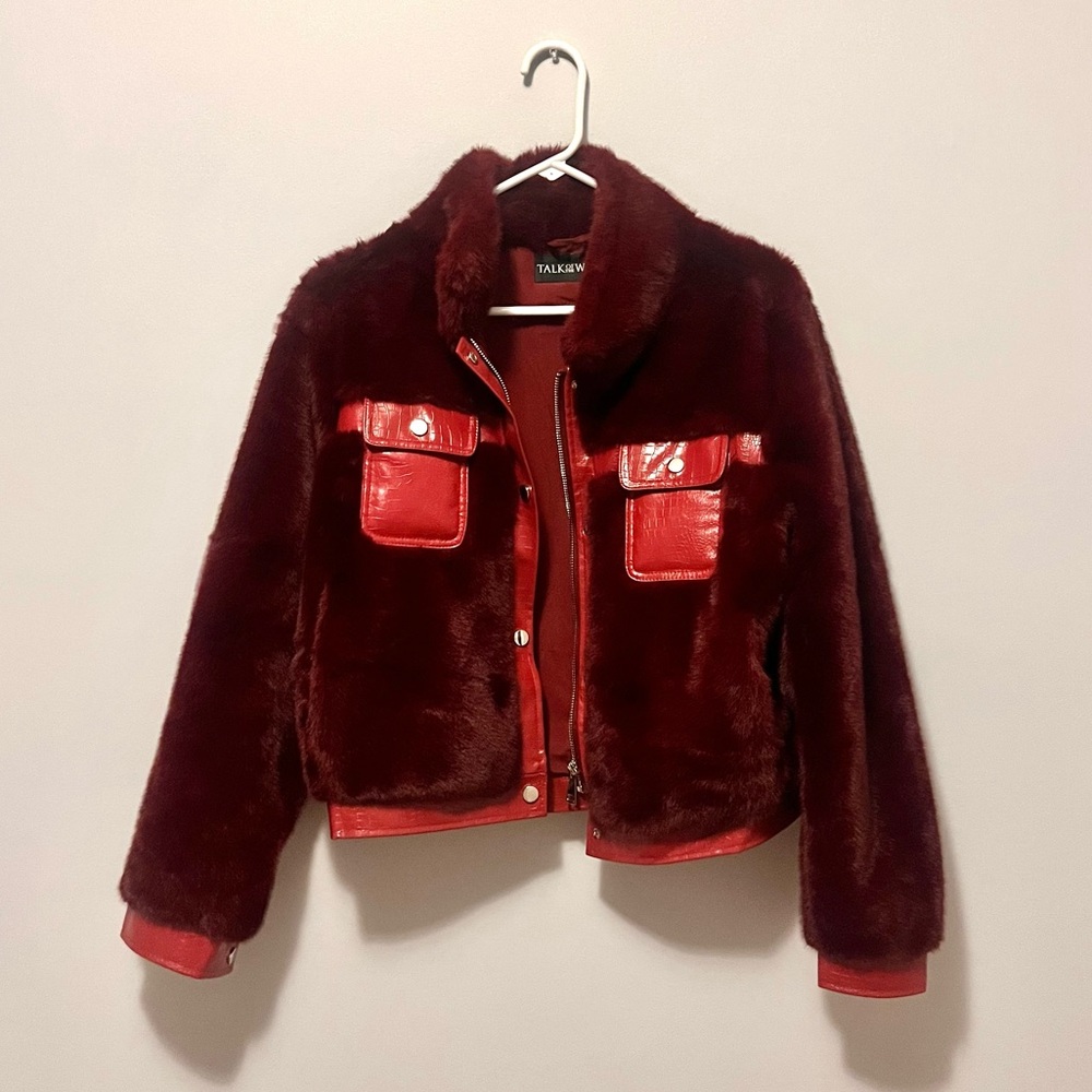 🎉🎉Red Contrast Trim Faux Croc Leather & Faux Fur Snap Button Front Zipper Moto - Picture 13 of 17
